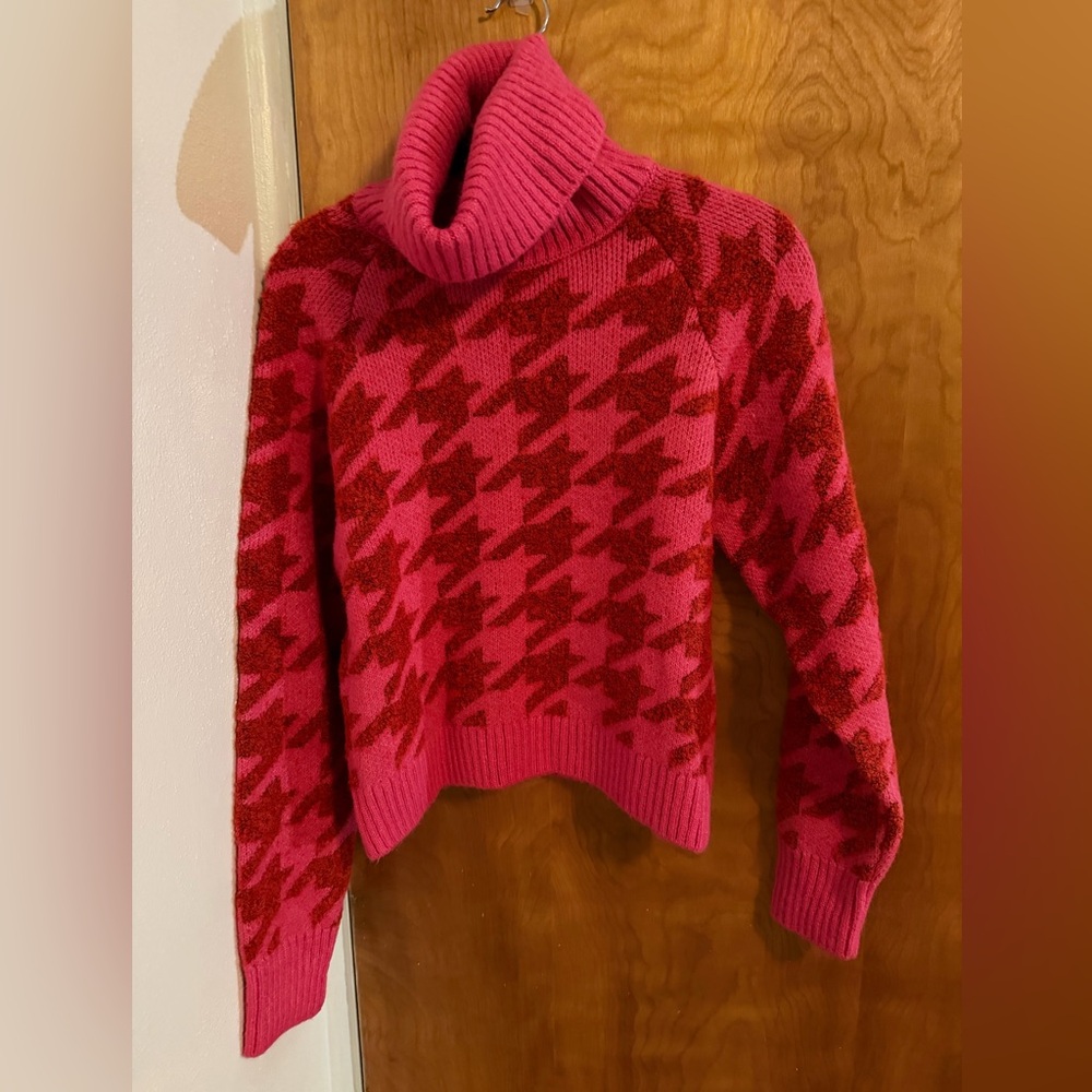 Mango Pink and Red Houndstooth Turtleneck Sweater